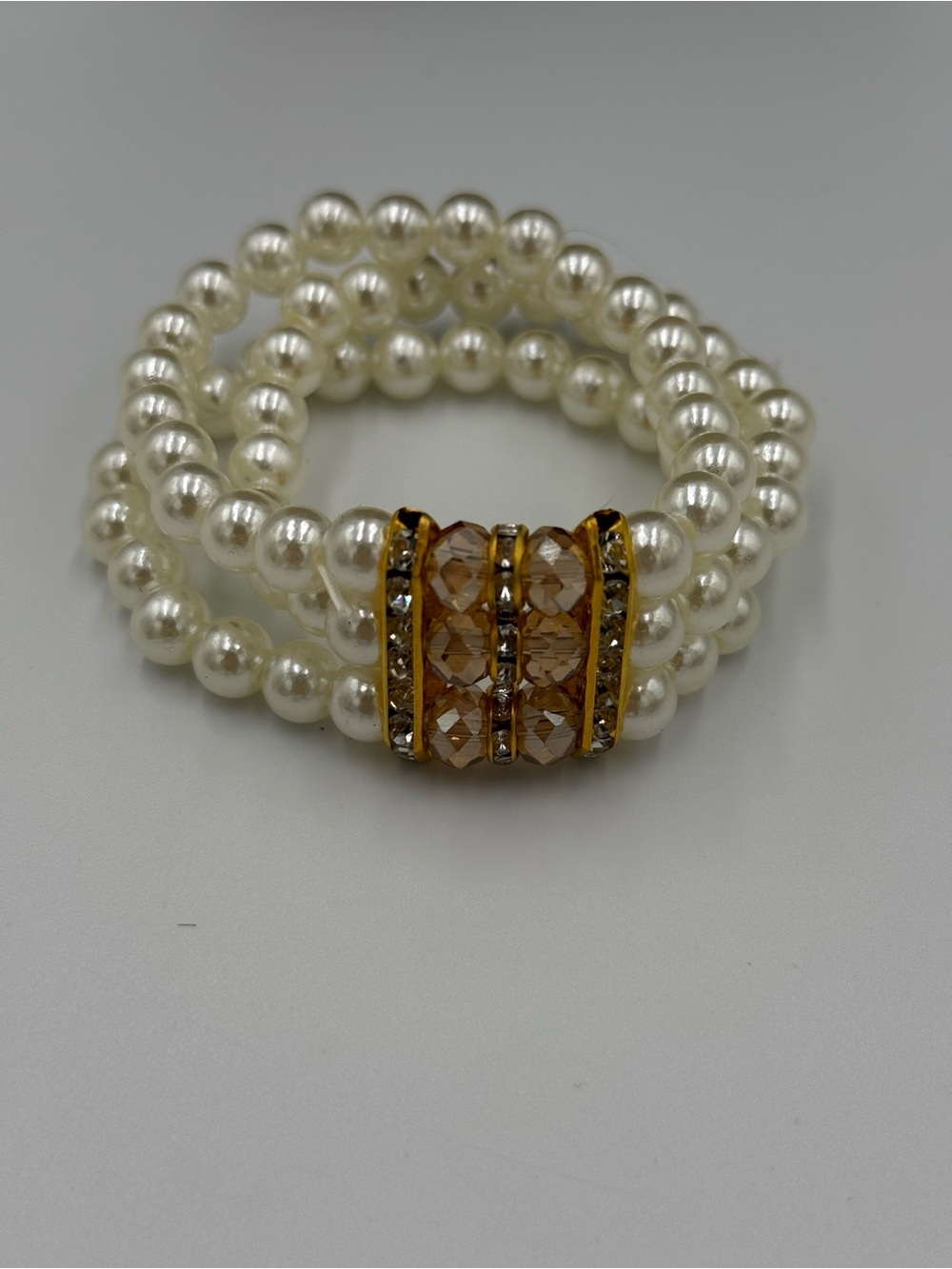 Pearl Wrap Stretch Bracelet with Gold and Champagne Crystal Bead Accent